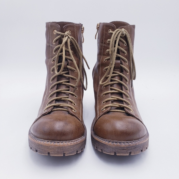 Vintage 90s Y2K Platform Lace Up Boots Chunky Brown Faux Leather Women's Size 10 - Picture 3 of 11